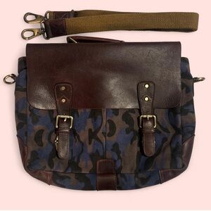 Aaron Reserve Handcrafted Leather and Blue Canvas Camo Men's messenger Bag